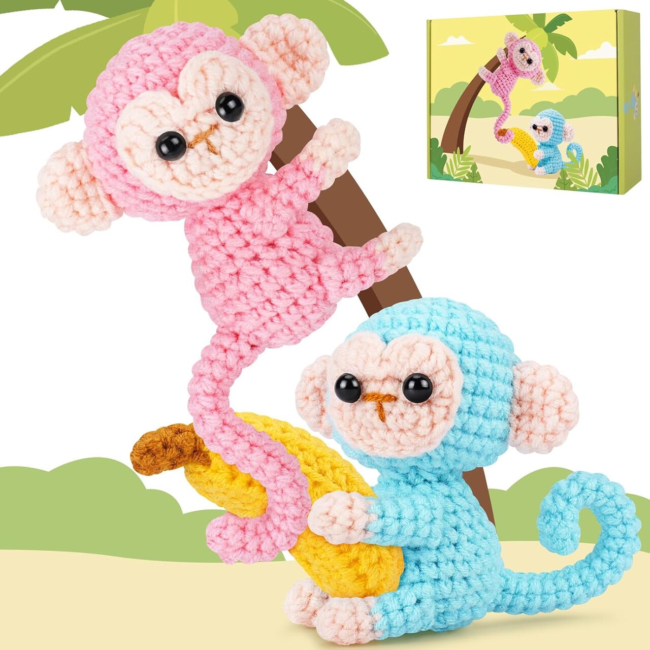 Crochet Kit for Beginners - 2 PCS Monkey with Banana, Step-by-Step Video Tutorials, for Adults and Kids (Blue & Pink)